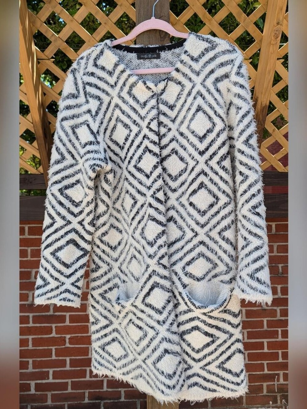 August Silk White & Black Eyelash Knit Diamond Pattern Fuzzy Long Cardigan - Picture 7 of 8